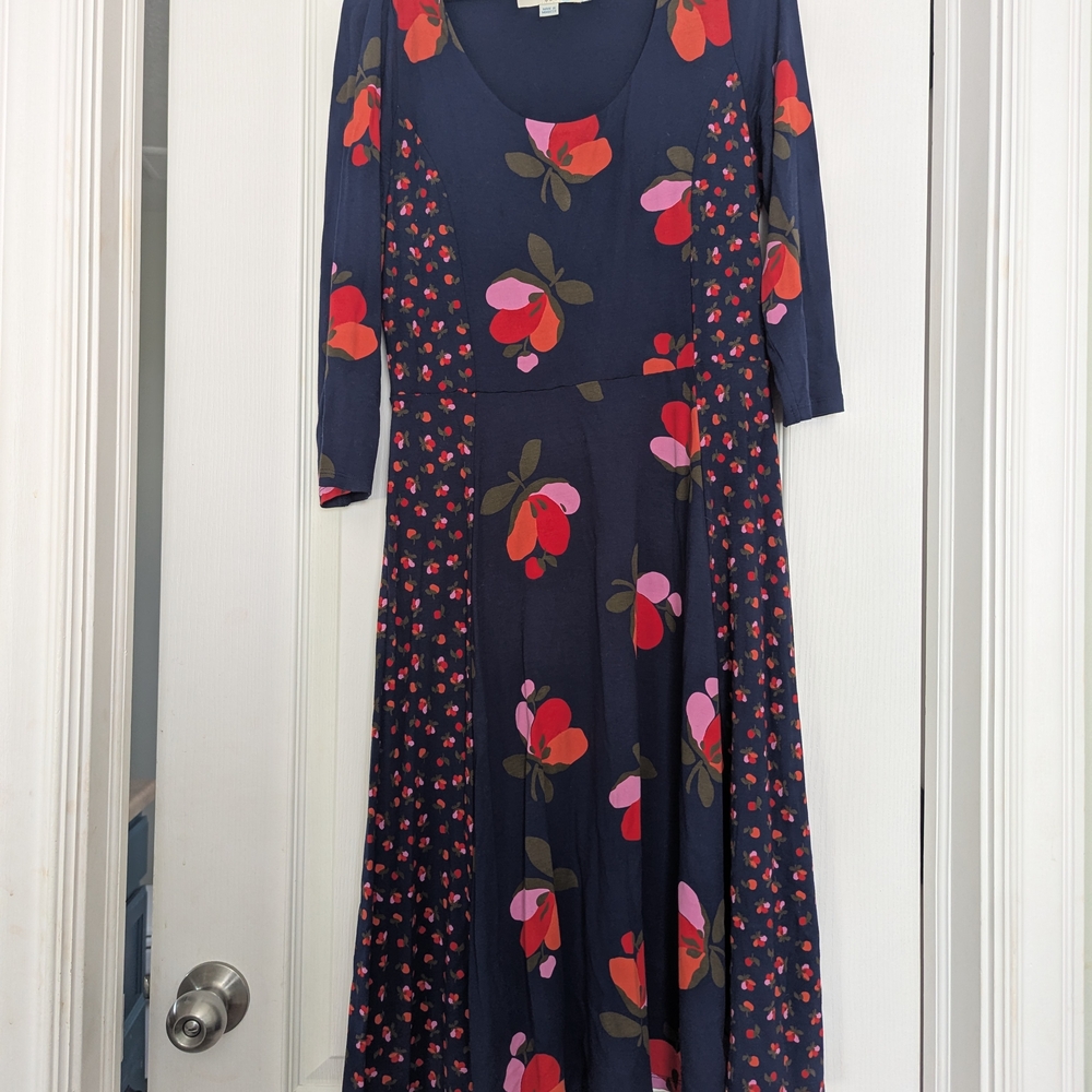 Boden Navy Midi Dress with Red and Pink Floral Pattern